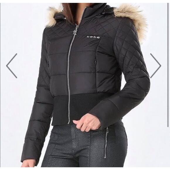 Y2K Bebe size medium black cropped puffer jacket missing fur Rhinestone logo - Picture 15 of 15